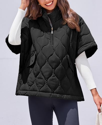 Fazortev Women's Puffer Poncho Pullover Quilted Jacket Short Sleeve Half Zipper Coat Cape Outerwear3