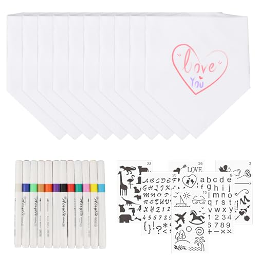 DAGORD Set de Babero de Pintar 10 Piezas Baberos Blancos de Algodon Bebe con 12 Rotuladores Textiles y 6 Plantillas de Pintura - Baberos de Algodón para Bebés Niños y Niñas Babyshower Babyparty