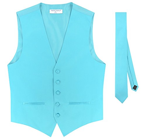 Mens SLIM FIT Dress Vest Skinny NeckTie TURQUOISE AQUA BLUE 2.5