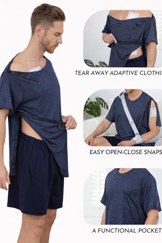 Image of Post Shoulder Surgery Shirts for Men Tear Away Recovery Short Sleeve Full Open Side Snap Chemo Adaptive Shirt
