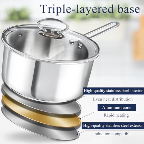 HOUSLUX Stainless Steel Saucepan Set with Wooden Handles - 16cm/18cm/20cm Suitable for Induction/Gas/Electric Stoves, Dishwasher Safe (42CM) - Image 3