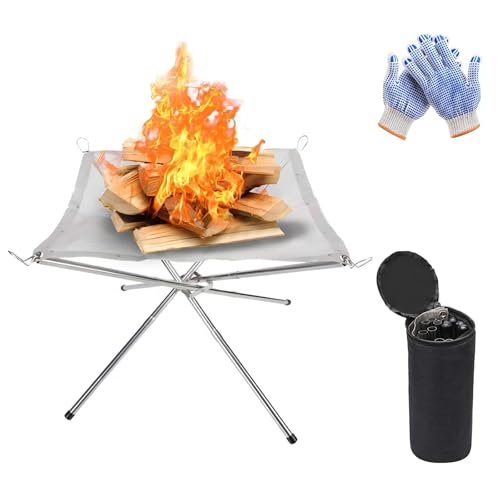 Tragbare Feuerstelle für Camping, 42 cm, faltbare Edelstahl-Mesh-Feuerstelle, Kamin, Grill-Feuerschale mit hitzebeständigen Handschuhen und Tragetasche, Grill-Feuerschale für Picknicks, Lagerfeuer,