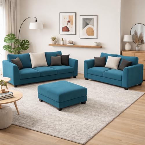 Image of SOCOZI Trevano 3+2 Seater Fabric Sofa Set with Ottoman | Soft Velvet Suede Upholstery | Modern Living Room Furniture (Aqua Blue-Light Grey)
