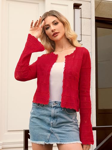 Image of FAIRY SEASON Women's Cropped Cardigan Sweater, Openwork Hollow Knit Shrug | Bell Sleeve, Versatile Outerwear to Match Dresses for Daily Outings, Dinner Dates and Casual Evening Occasions
