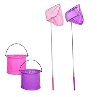 4Pcs Fishing Net for Kids and Foldable Bucket Set, Telescopic Butterfly Net Crabbing Bucket Kids Crabbing Kids Pond Dipping Kit(Pink, Purple)