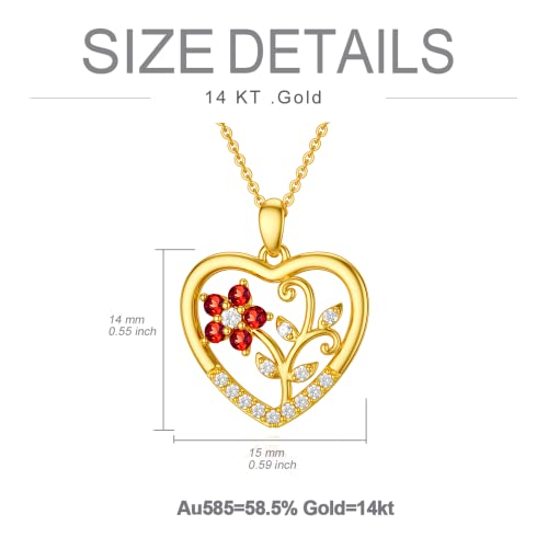 Sisgem 14K Solid Gold Heart Necklace With Red Garnet For Women Girls,Yellow Gold Love Heart Pendant Necklace Simulated Garnet Jewelry Gifts For Birthday Mothers Day 16+1+1 Inch #TOP3