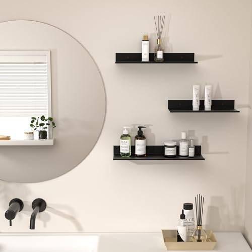 Wisfame Wandregal Metall 3er Set, Schweberegal Schwarz Ohne Bohren, Badezimmer Regal Duschablage Wasserdicht, Modern Wandboard für Dekos Regalbrett für Wohnzimmer, Küche, Arbeitszimmer