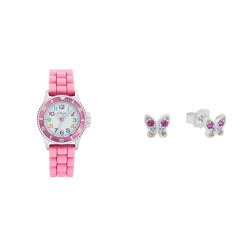 s.Oliver Armbanduhr Rosa mit passenden Schmetterlings-Ohrstecker für Mädchen aus 925 Sterling Silber, Kinderschmuck, Ohrschmuck