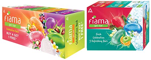 Image of Fiama Gel Bar Celebration Pack, 125g Soap (Buy 4 Get 1 Free) & Fiama Gel Bathing Bar Fresh Celebration pack, with 3 unique gel bars, 125g soap (Pack of 3), Blue