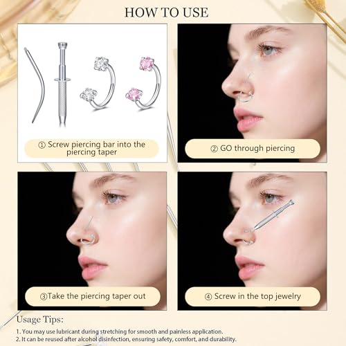 LAURITAMI 18G 20G Horseshoe Nose Rings Studs,Surgical Steel Nose Ring Pink Cubic Zirconia Nose Piercing,Internally Threaded Nose Rings For Women,Pink and Silver Zirconia4