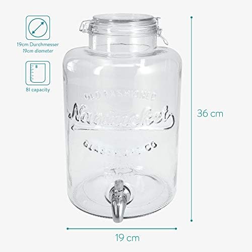 Navaris Drinks Dispenser with Tap - 8L Glass Drink Jar with Stainless Steel Tap and Clip Top Lid - for Cold Beverages, Ice Water, Garden Party
