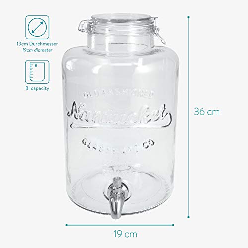 Miniatura 5 de Navaris Dispensador De Bebidas Con Grifo 8l - Recipiente De Vidrio Con Tapa Y Cierre Giratorio De Acero Inoxidable - Agua Jugo Vino Sangria