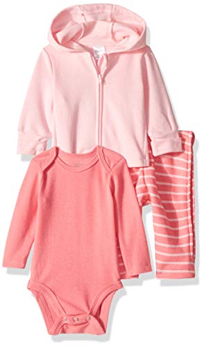 Hanes Ultimate Baby Zippin Zip Pant with Bodysuit and Fleece Hoodie, Pink/Pink Stripe, 6-12 Months