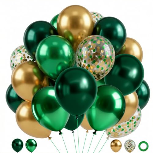 Dark Green and Gold Balloons,60 Packs 12 Inch Metallic Green Gold Confetti Balloons for Birthday, Graduation, St. Patrick's Day, Baby Shower, Jungle Sarfari Party Decorations