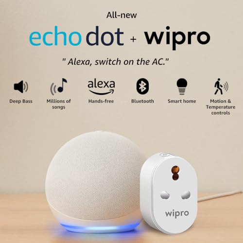 Image of Amazon Echo Dot (5th Gen, White) Combo with Wipro 16A Smart Plug