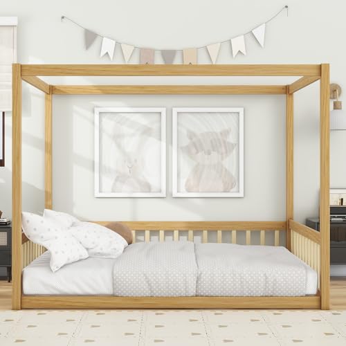 GDFStudio Full Size Canopy Floor Bed with Guardrails, Solid Rubber Wood Frame & Fence, Kids Imaginative Sleep Play House Bed for Bedroom, Natural