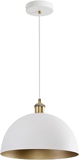 YHANFENGCY Vintage White & Gold 11.81" Rustic Farmhouse Pendant Light - Brass Socket Dome Lamp for Kitchen Island, Dining Room