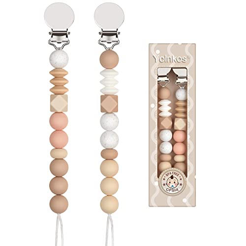 Image of Yolnkos Pacifier Clips for Baby Boys Girls Leash Holder 2-Pack(Oatmeal.Peach)