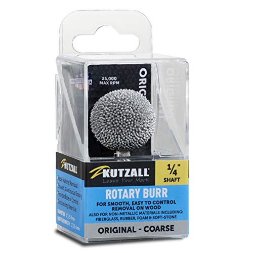 Kutzall Fraise Rotative à Sphère Original, Axe 1⁄4, Grossière - Accessoires de Travail du Bois pour Bosch, DeWalt, Milwaukee. Revêtement Carbure de Tungstène Abrasif, 1 (25.4mm) Head Diamètre, S-1