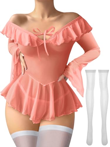 Image of Foxiny Sheer Ruffle Long Sleeve Babydoll Lingerie Dress | Off-shoulder neckline, flared cuffs and a flounce hem add movement; thong and thigh-high stockings complete the 3-piece set