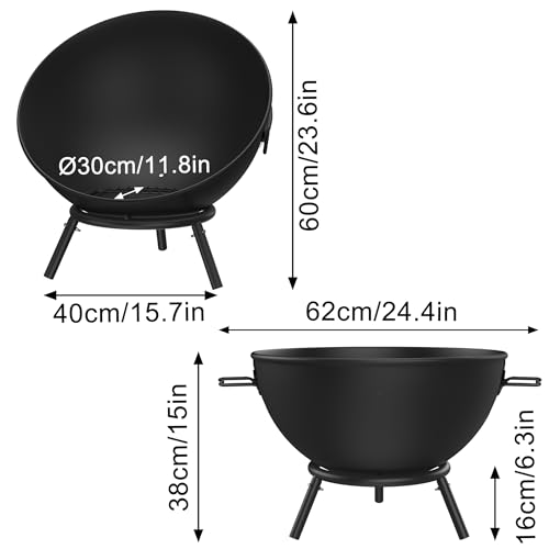 Brasero de 62 cm pour le jardin avec grille et pince à charbon en métal pour barbecue, feu de jardin, barbecue, camping – Image 3