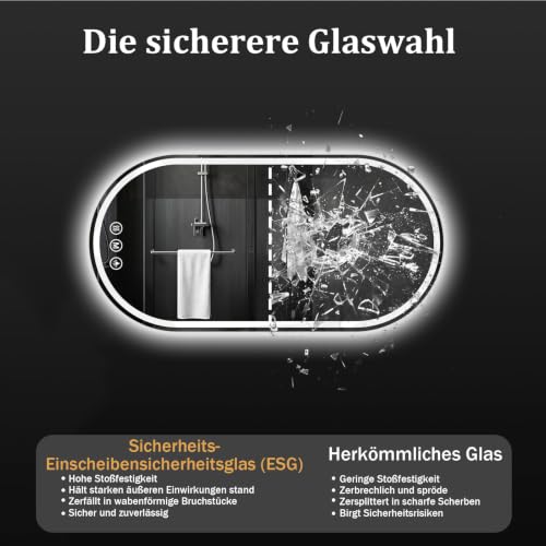 XRAMFY Badspiegel mit Beleuchtung LED 114×60CM Anti-Beschlag Badezimmer Wandspiegel Badezimmerspiegel IP65 Wassergeschützt – Ansicht 6