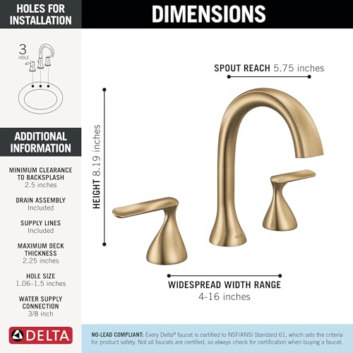 Image of Delta Bonacci Brushed Gold Bathroom Faucet 3 Hole, 8 Inch Widespread Bathroom Sink Faucet for Vanity, Metal Push-Pop Drain Assembly, Lumicoat Champagne Bronze 3545-CZ-PR-DST