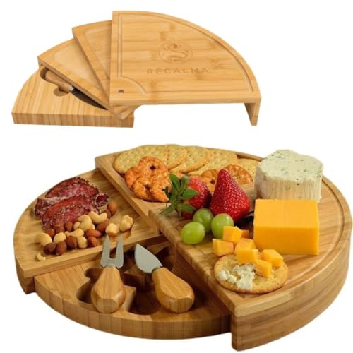 Recalma Plateau à Fromage Rond en Bambou avec Couteau à Fromage, Plateau de Service Tournant en Bois à 4 Couches, Plateau en Bois Coulissant pour...