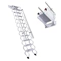 Wall Mounted Folding Ladder with Handrails, Pull Down System Attic Stairs, Telescopic Attic Ladder, Applicable Height 9.6-10ft, Attic, Basement, Warehouse, Passage Folding Stair (White, 12 Steps)