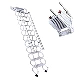 Wall Mounted Folding Ladder with Handrails, Pull Down System Attic Stairs, Telescopic Attic Ladder, Applicable Height 9.6-10ft, Attic, Basement, Warehouse, Passage Folding Stair (White, 12 Steps)