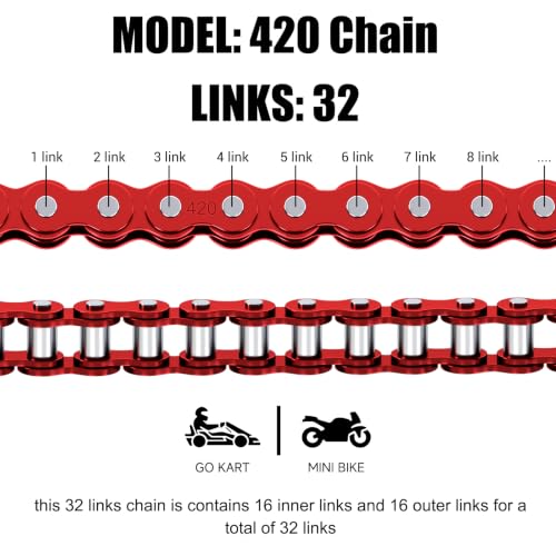 Image of Red KT196 Drive Chain 32 Links 420 Chain Replacement for Coleman KT196 CK196 Go Kart Parts Hisun HS200GK RTK200 196cc 6.5hp Engine Powersports Off Road Go Cart Accessories Parts