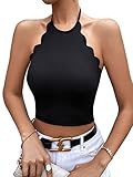 DIDK Damen Crop Top Camisole Tanktop Spagehtti Träger Cropshirt Sommer Oberteil Bauchfrei T-Shirts mit Muschel-Kante Einfarbig Schwarz XS
