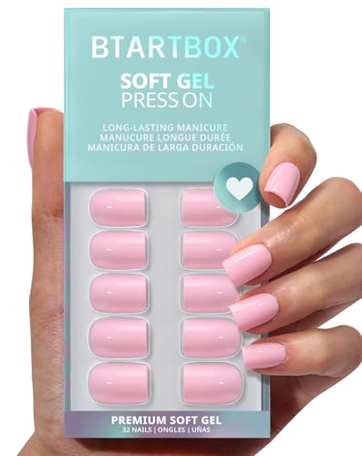 BTArtbox Extra Short Press On Nails - Mom Grace Easy-to-Apply Pastel Pink Square Press On Nails with Glue and Adhesive Tabs in 16 Sizes - 32 Nails All-in-One Kit