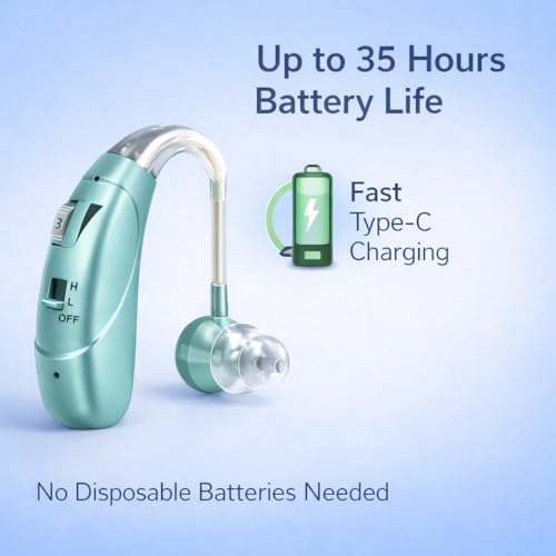 Image of Rechargeable Digital BTE Hearing Aid for Old Age with Type-C Charging for Severe to Profound Hearing Loss - Volume Control | Noise Reduction | Comfort Fit for Adults & Seniors (6 Month Warranty) (Mint-Green, For Both Ear)