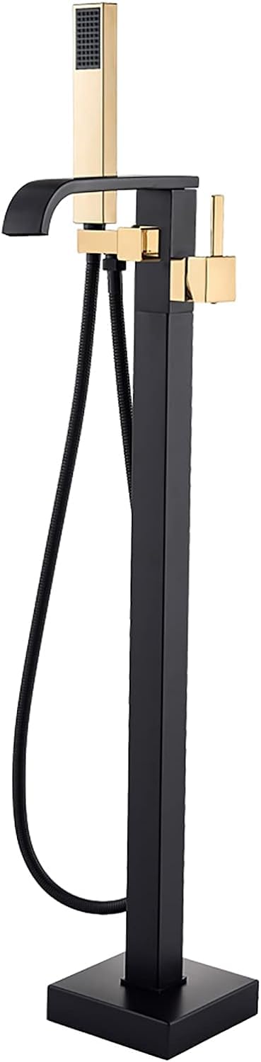 HADECOLL Freestanding Black And Gold Tub Faucet Floormounted Bathtub Mixer With Hand Shower Brass Singlehandle Shower Tap Elegant Bathroom Fixture,Style A