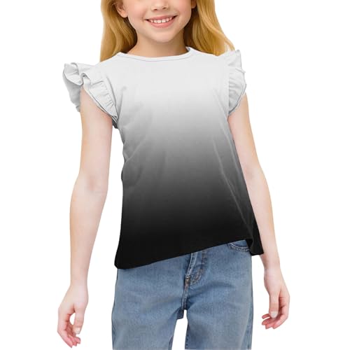Girls Gradient Ruffle Flutter Sleeve T-Shirts Loose Crewneck Cute Summer Tops Casual Tees for Kids 3-15 Years
