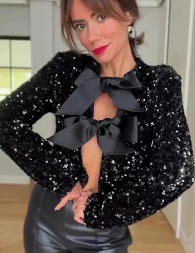 Perbai Womens Casual Sequin Jacket Bow Coat Sparkling Crop Top Party Night Y2K Concert2