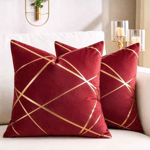 DecorMommt Housse de Coussin 40 x40 CM Velours Coussin Rouge Décoratifs Housses d'oreiller Lignes Dorées Géométrie Coussin Salon Chambre Banc Taie Coussin...