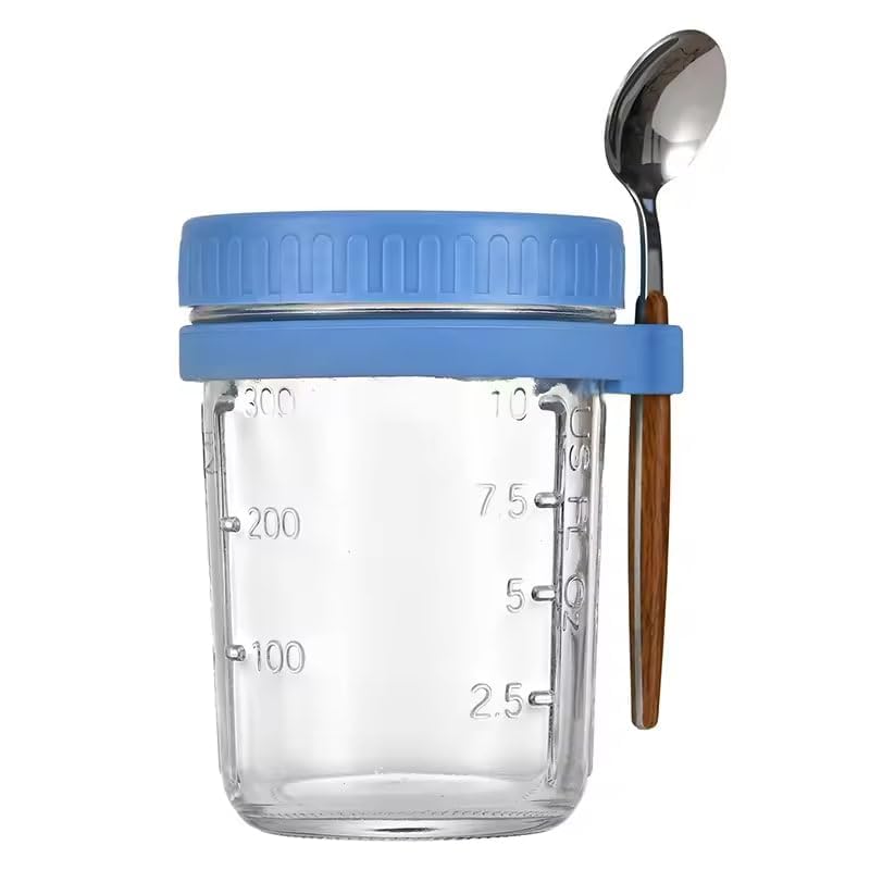 Image of Mason Jar with Lid and Spoon | Coco | Mason Jar with Plastic Lid Mugs for Juice | Beverages | Moctail | Shakes | Drinks | Overnight Oats Mug (Rendom Color 350 ML, Set of 1)