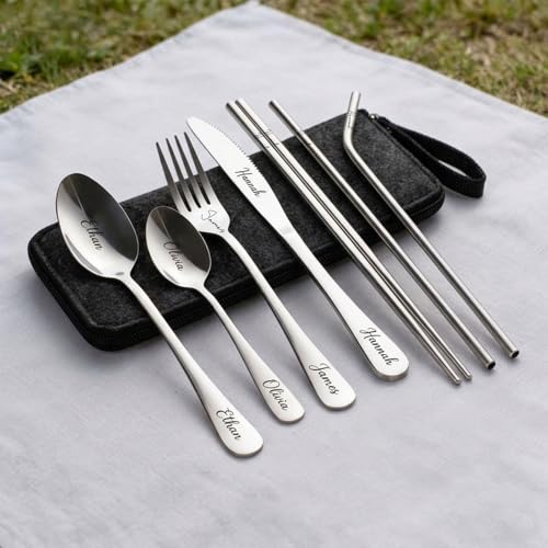 Solarix Juego de Cubiertos Grabado Personalizado, Juego de 9 Piezas de Acero Inoxidable para Adultos, Cuchillo Tenedor Cuchara Palillos Pajita con Estuche de Viaje Portátil (Plata)