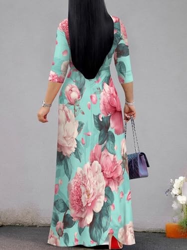 Image of SUZONANA Plus Size Dresses for Women Floral Print Maxi Dress Flowy 3 /4 Sleeve with Belt
