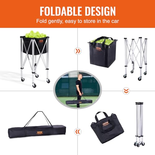 VEVOR Foldable Tennis Ball Hopper, Holds 150 Tennis Balls, Lightweight Aluminum Alloy Tennis Ball Basket Cart with Wheels, Removable Bag, Carry Bag, Portable Sports Teaching Cart for Tennis Player by VEVOR - Image 6