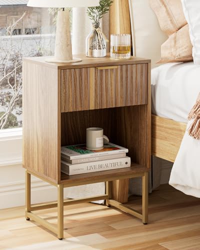 Image of Masupu Fluted Nightstand,Modern Night Stand Wood Bedside Table with Storage Drawer Side End Table for Bedroom,Office,Walnut Brown