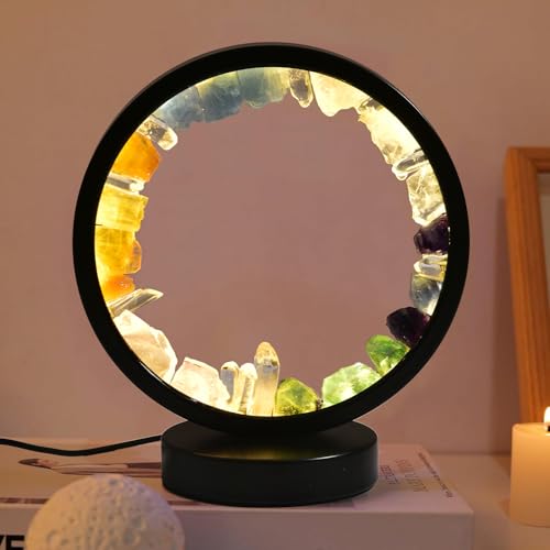 Image of AMOYSTONE Natural Chakra Crystal Night Light with USB, Mixed Stones Round Meditation Lamp with 3-Color Control for Bedroom, Office & Home Decor (Push Button Switch)