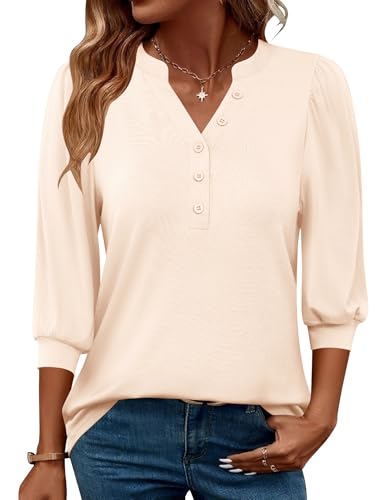 Rapbin 3/4 Length Sleeve Womens Tops 2025 Summer Fall Henley V Neck Button Down Tunic Shirts Casual Business Blouses