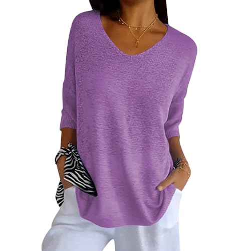 Jersey Punto Mujer Cuello V Jerséis Mujer Pullover Sweater Women Sueter Punto Mujer Primavera Jerseys Mujeres Jersey de Cuello Pico Fino Oversize Punto Ancho Señora Suéter Tejido para Mujer Morado 3XL