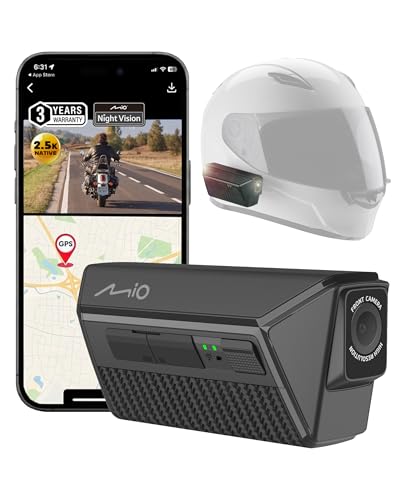 Mio MiVue MP30 GPS Motorbike Dash Cam Front and Rear 2.5K Dual Motorcycle Helmet Camera with GPS Tracking WiFi Waterproof 4.5hr Battery G-Sensor Event File Lock App Control No-Wire Easy Setup