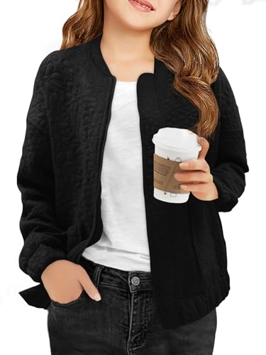 Haloumoning Girls Bomber Jacket Kids Cute Jacquard Zip Up Jackets Fashion Lightweight Outerwear with Pockets