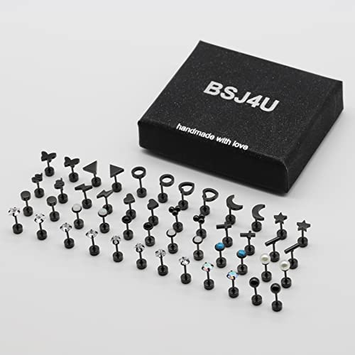 Bsj4U 24 Pairs Stainless Steel Stud Earrings Set For Women Men Cz Heart Butterfly Triangle Cross Circle Bar Moon Star Hypoallergenic Flat Back Earrings 20G Cartilage Helix Earrings Piercing Jewelry #TOP1