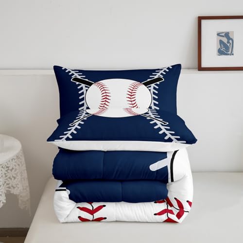 Image of Feelyou Softball Comforter Set King Size Kids Baseball Comforter for Boys Girls Teens Baseball Gaming Bedding Set Sports Theme Navy Blue Quilt Set